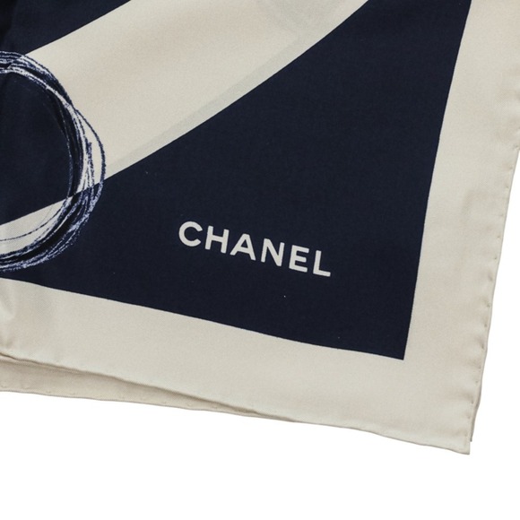 CHANEL 17K Coco Mark Planet Silk Scarf/Muffler, Ivory/Navy, Women's